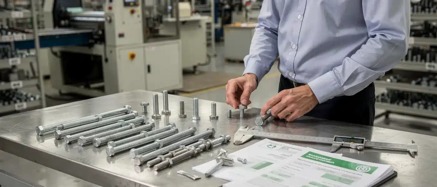 Buyer tecnico controlla documenti di filiera e fissaggi industriali su un banco in ambiente produttivo