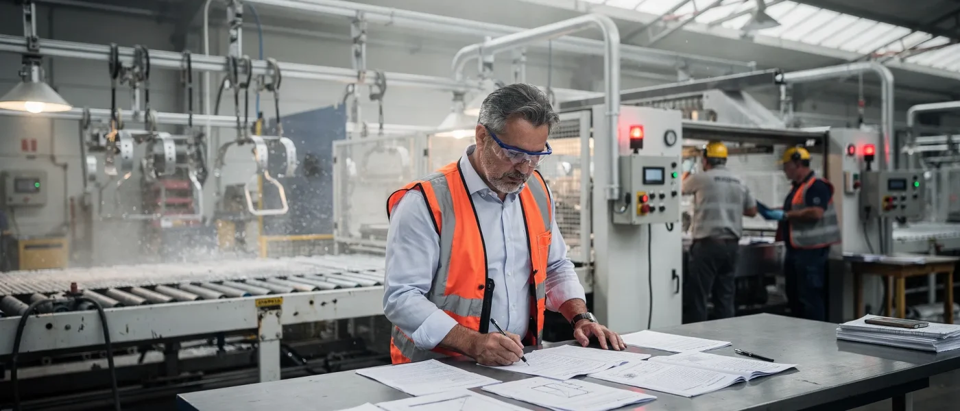 Responsabile acquisti in fabbrica davanti a una linea di rivestimento a polvere ferma per verifica tecnica