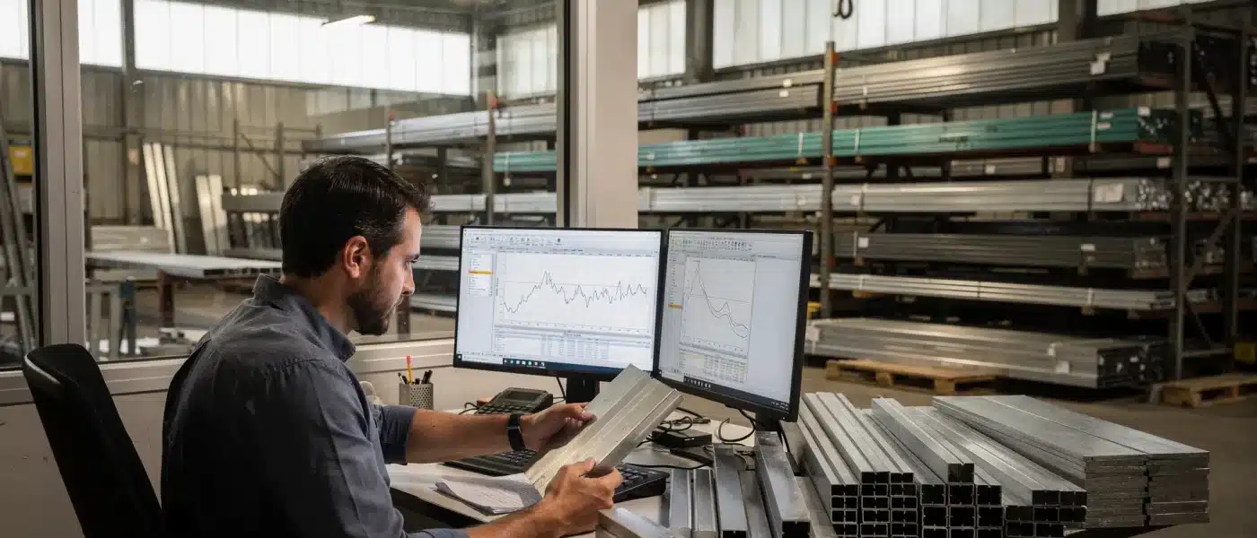 Buyer industriale controlla quotazioni dell'alluminio accanto a profili, barre, piastre e lamiere in magazzino